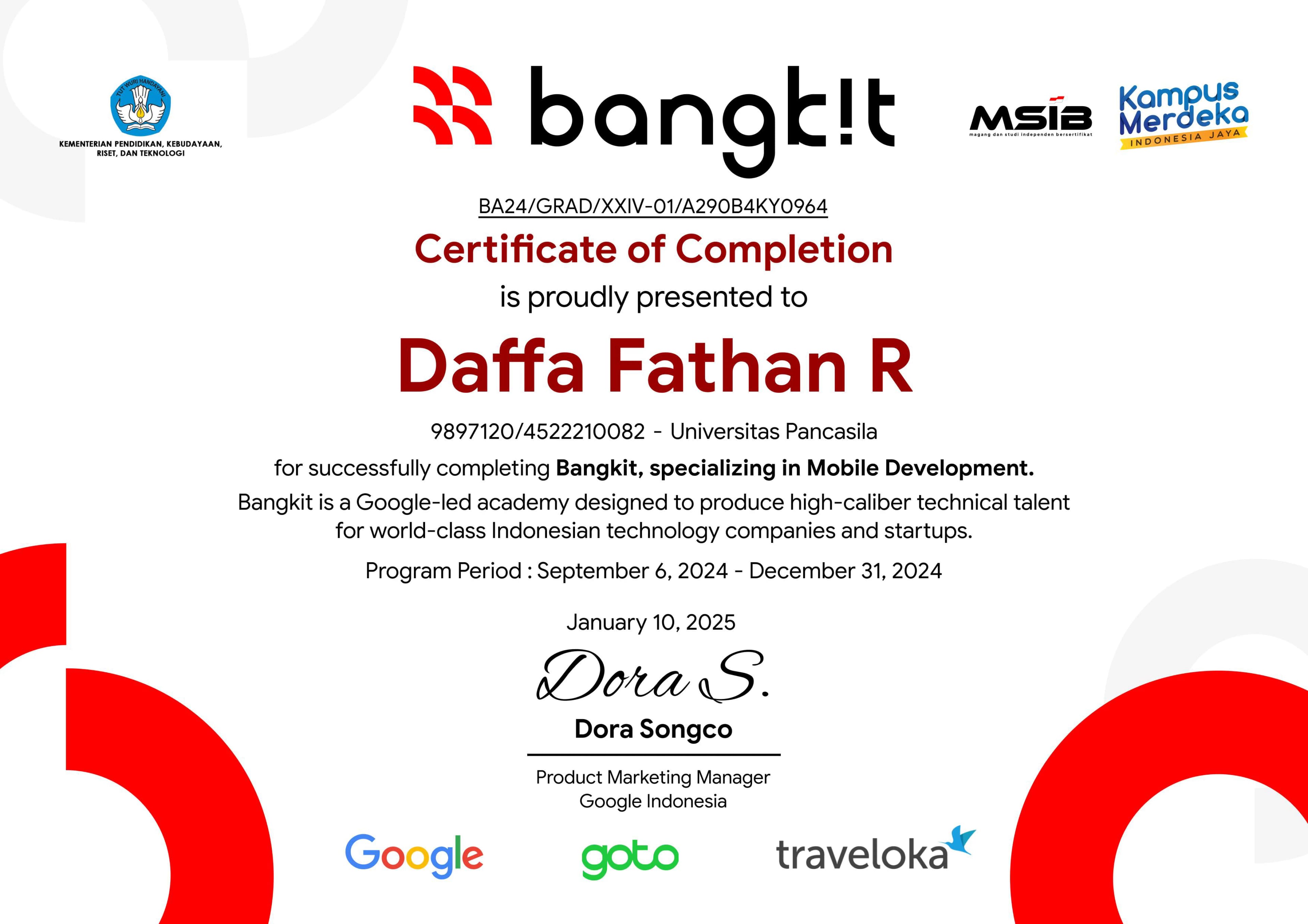 Certificate for Bangkit Academy – Mobile Development