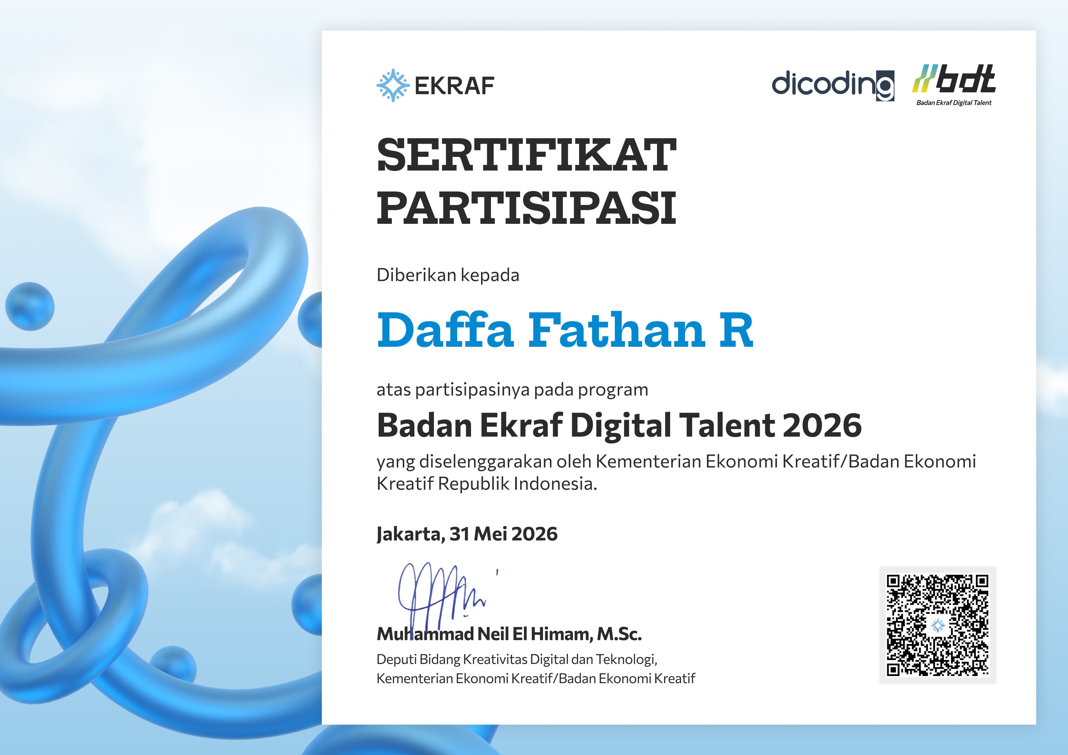 Certificate for Badan Ekraf Digital Talent 2026