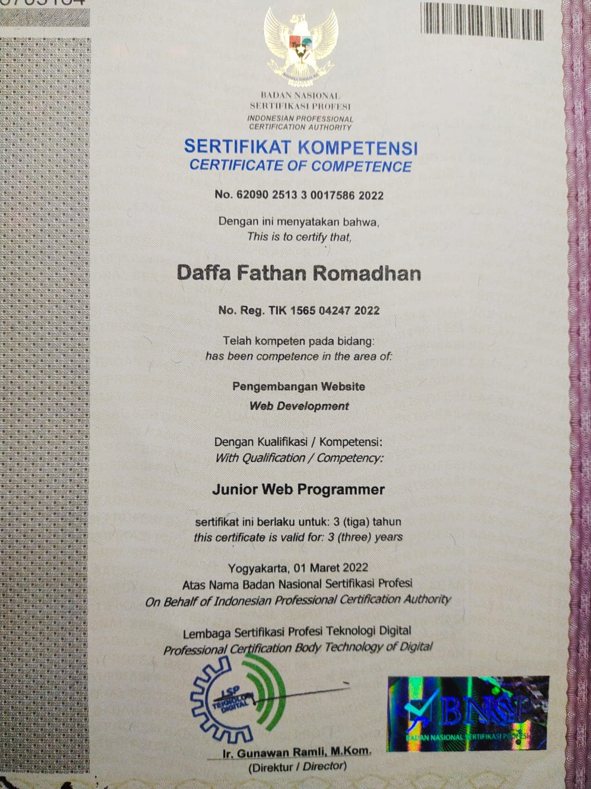 Certificate for Junior Web Programmer