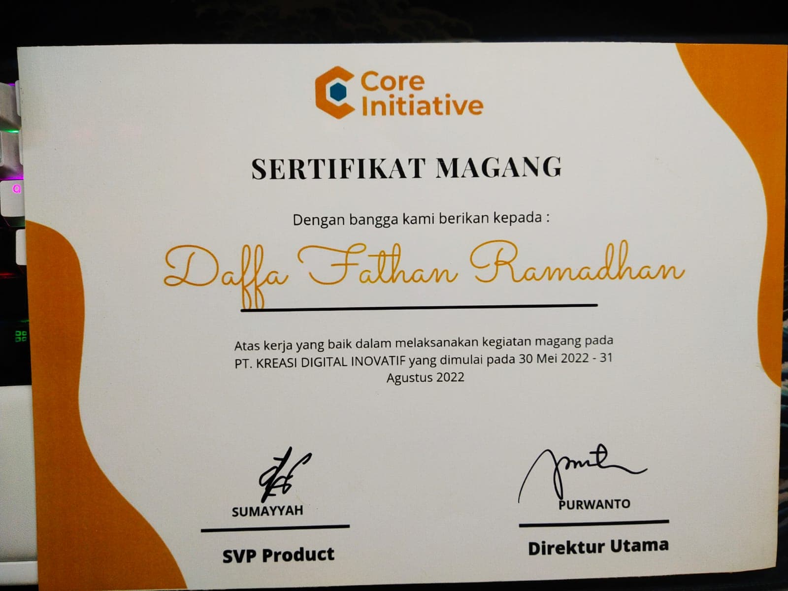 Certificate for Web Developer Internship