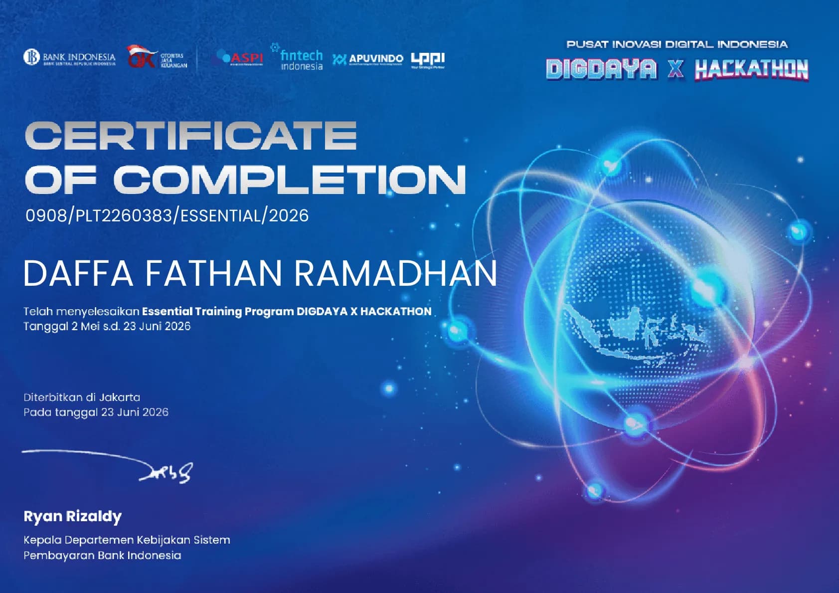 Certificate for Digdaya x Hackathon Essential Training Program