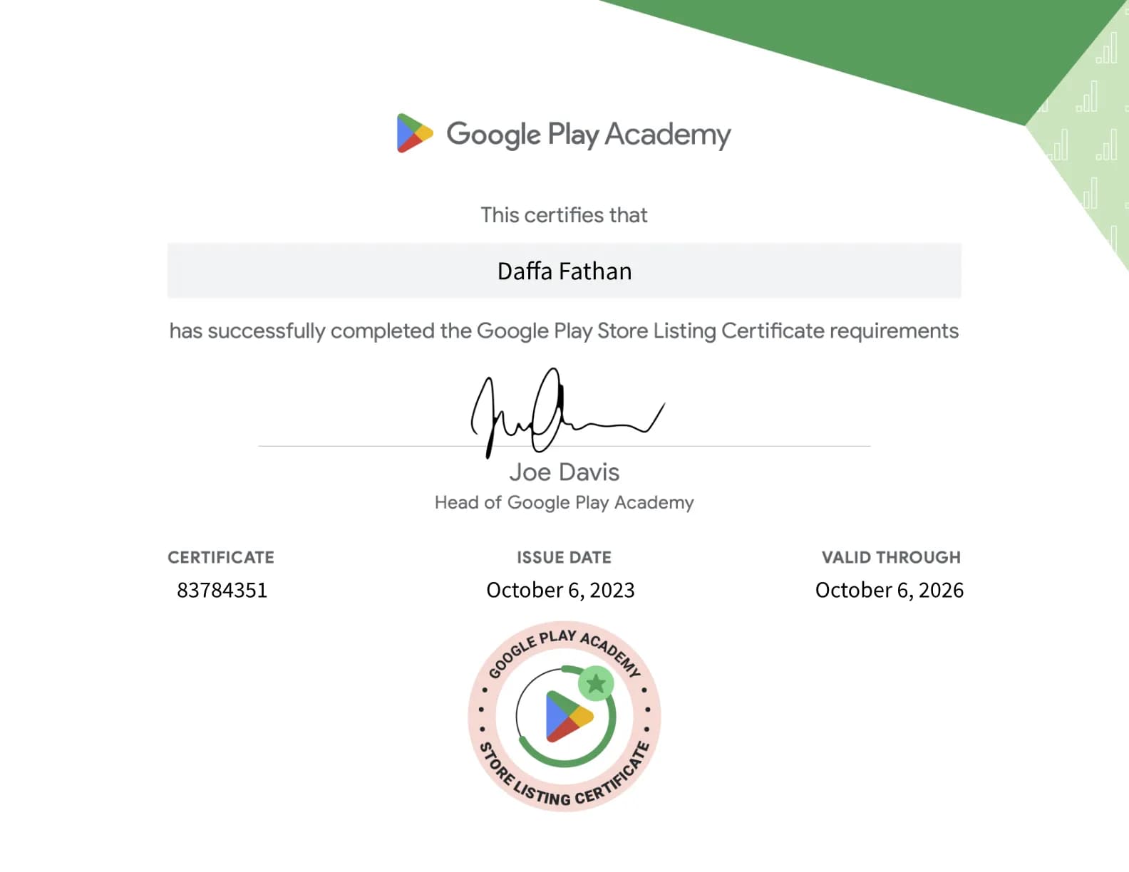 Certificate for Google Play Academy - Store Listing Certificate