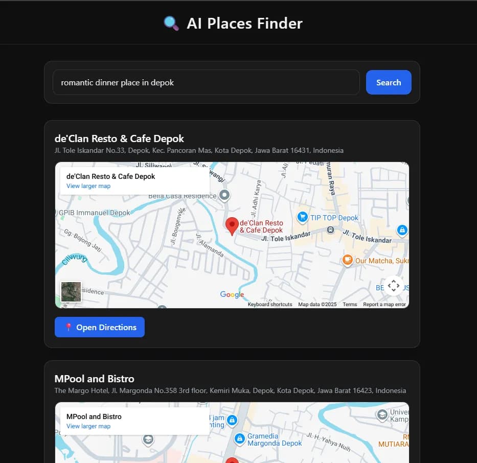 Screenshot of Ollama + Google Maps AI Finder